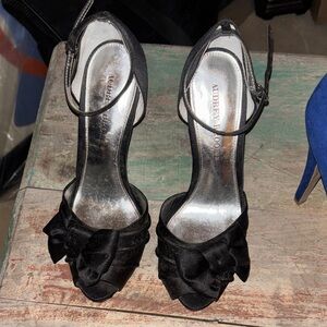 Audrey Brooke Black Satin Heels with Bow